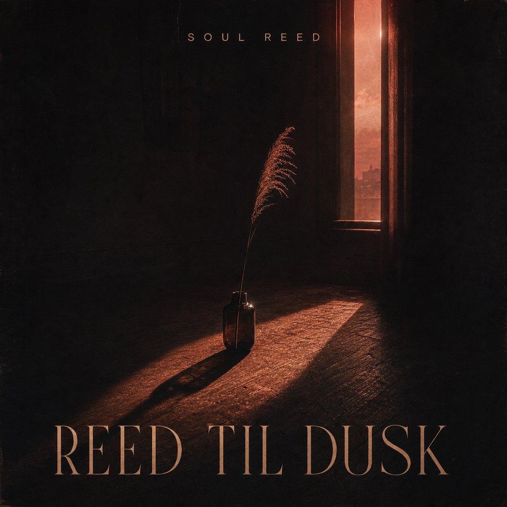 Reed Til Dusk album cover — a single reed in a glass bottle, lit by a shaft of copper light